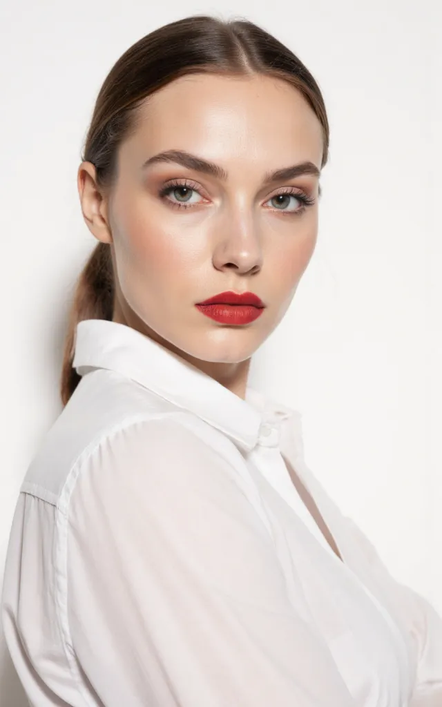 A French female model with a Hollywood   inspired makeup style, wearing a shirt, against a white background, in a front   facing bust portrait